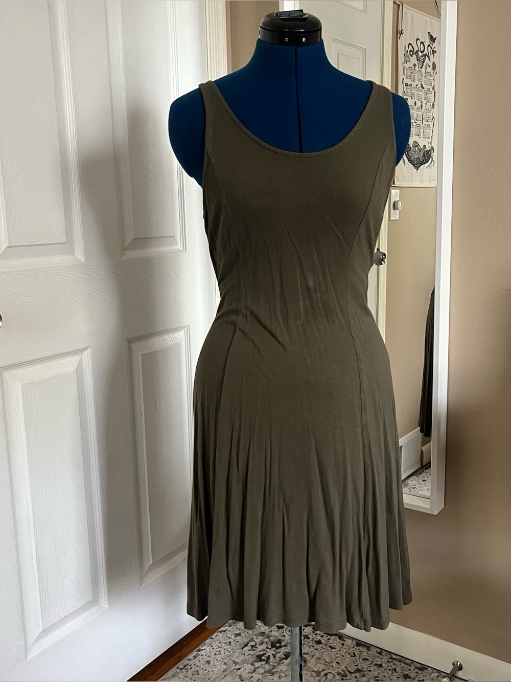 Old Navy olive green midi dress with skater skirt and gathered racerback
